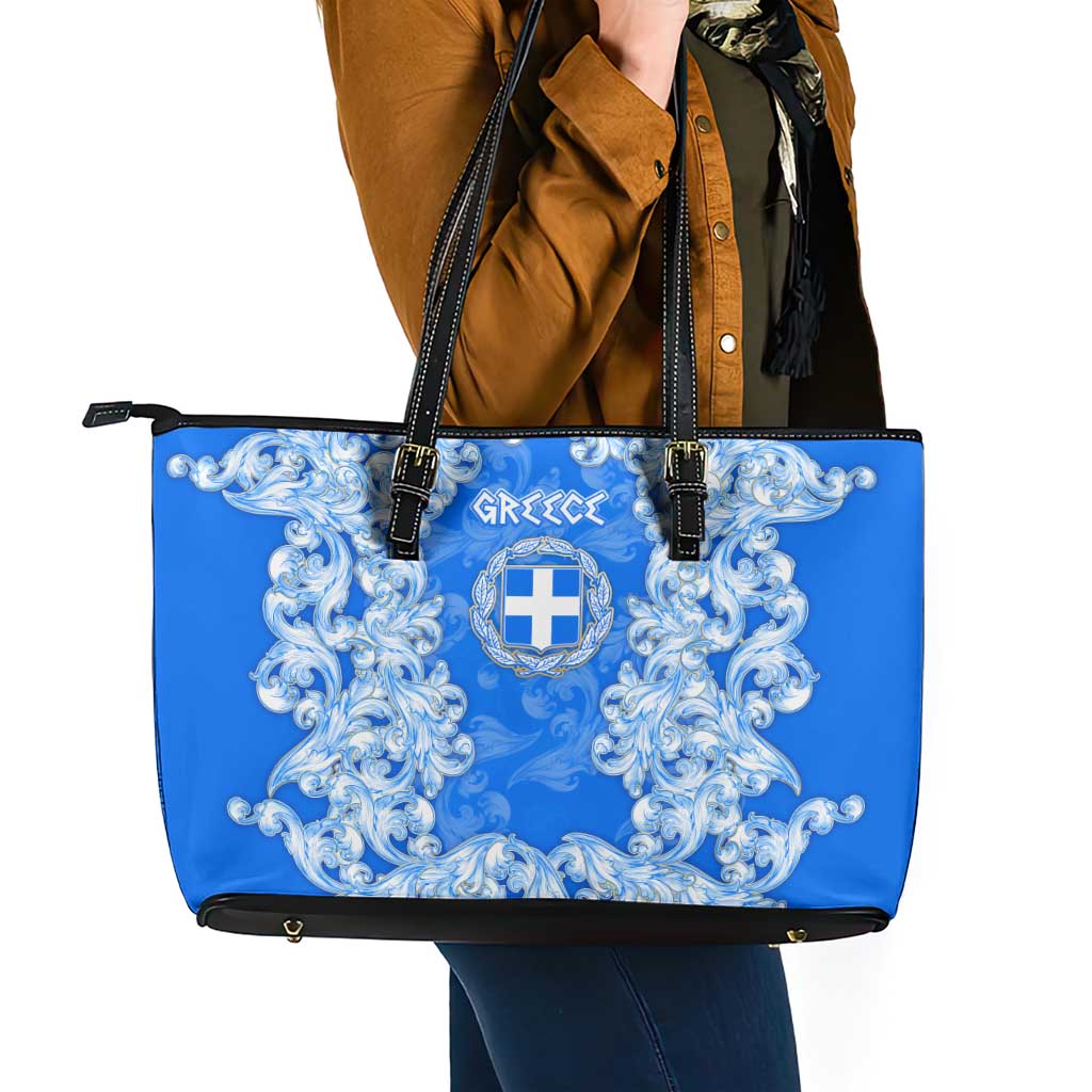 Greece Baroque Pattern Leather Tote Bag with Greek Flag Crest and Country Map