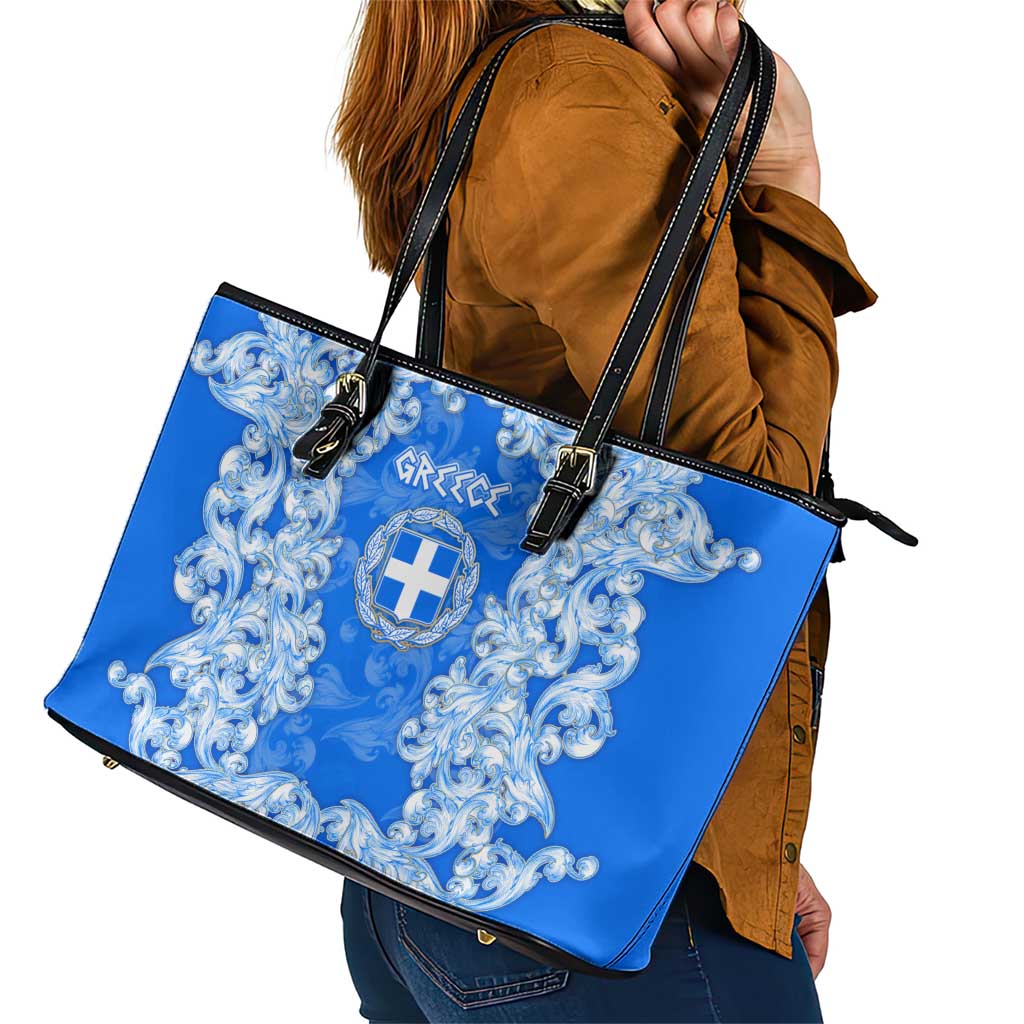 Greece Baroque Pattern Leather Tote Bag with Greek Flag Crest and Country Map