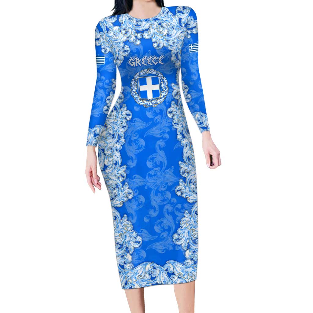 Greece Baroque Pattern Long Sleeve Bodycon Dress with Greek Flag Crest and Country Map