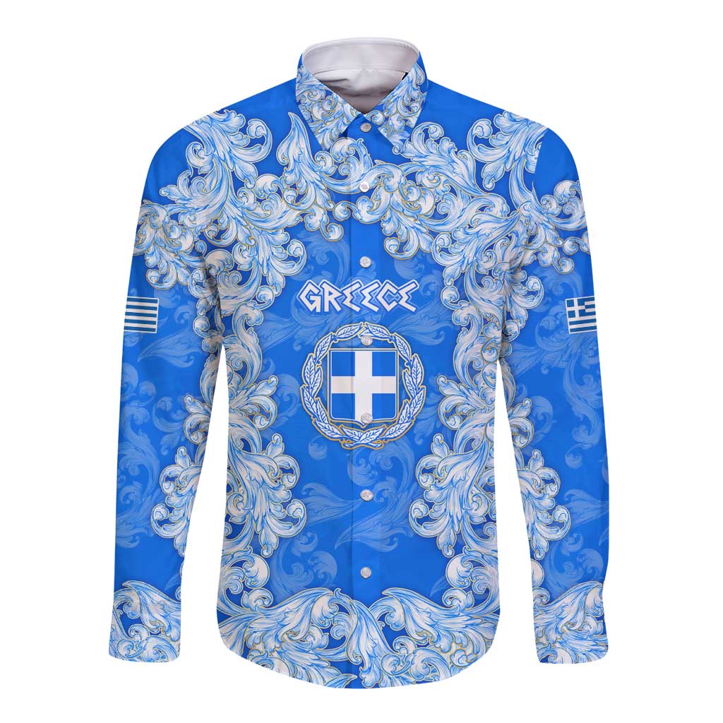 Greece Baroque Pattern Long Sleeve Button Shirt with Greek Flag Crest and Country Map