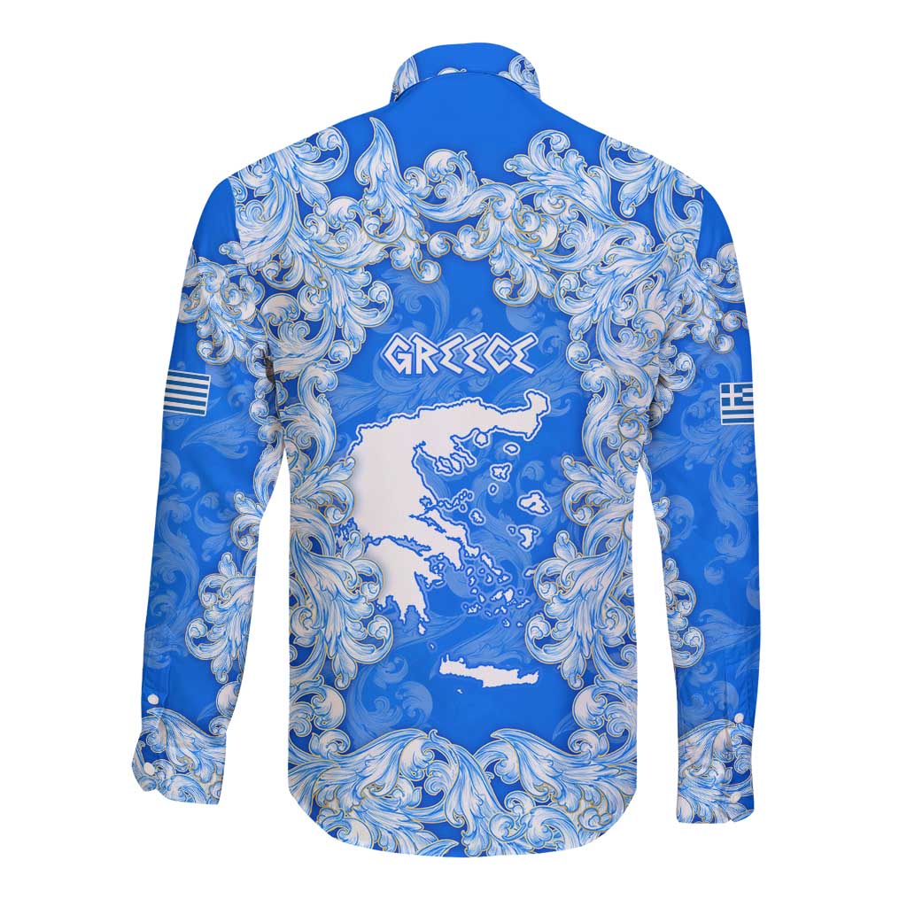 Greece Baroque Pattern Long Sleeve Button Shirt with Greek Flag Crest and Country Map