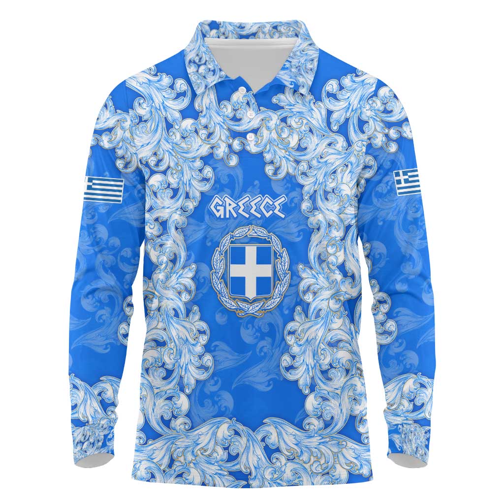 Greece Baroque Pattern Long Sleeve Polo Shirt with Greek Flag Crest and Country Map