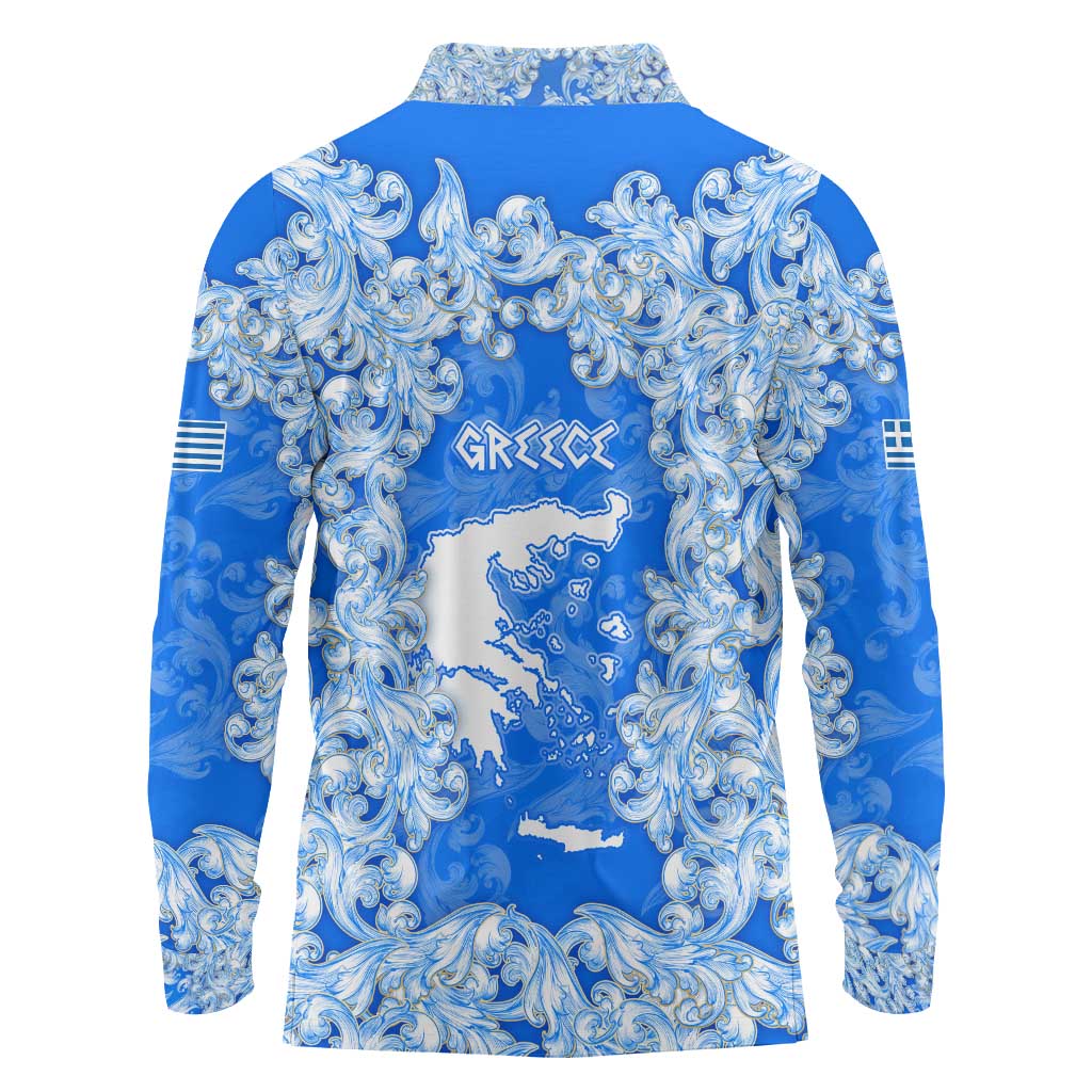 Greece Baroque Pattern Long Sleeve Polo Shirt with Greek Flag Crest and Country Map