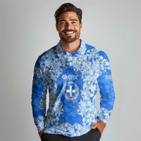 Greece Baroque Pattern Long Sleeve Polo Shirt with Greek Flag Crest and Country Map