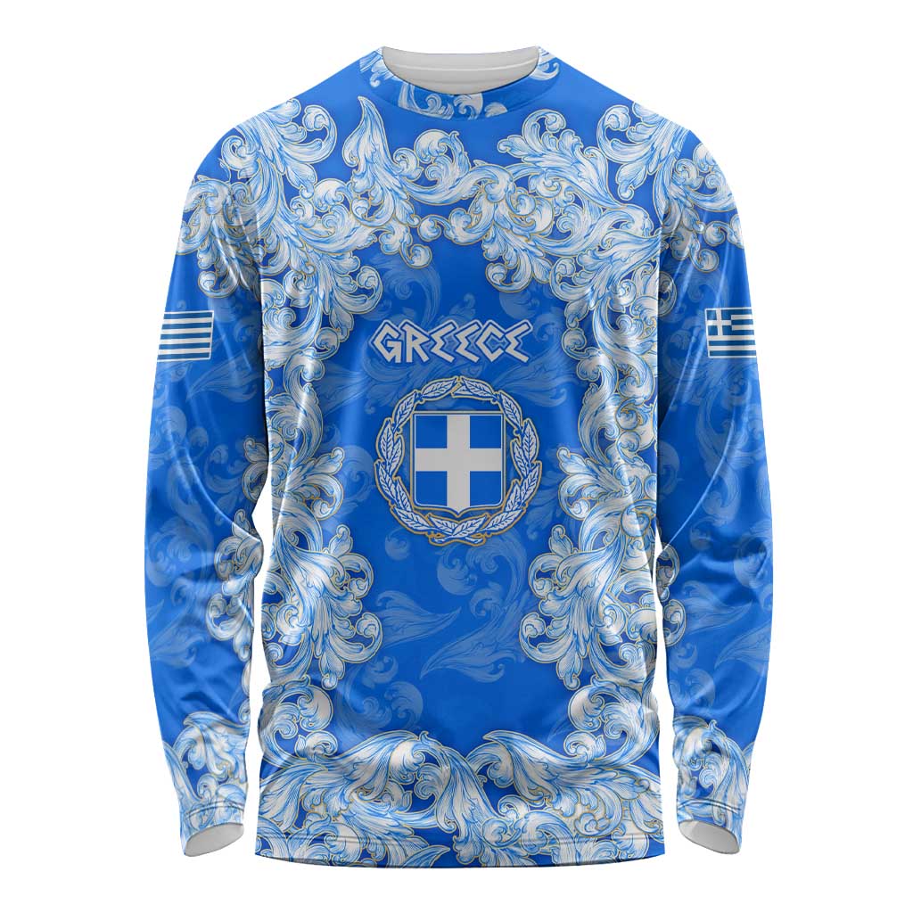 Greece Baroque Pattern Long Sleeve Shirt with Greek Flag Crest and Country Map