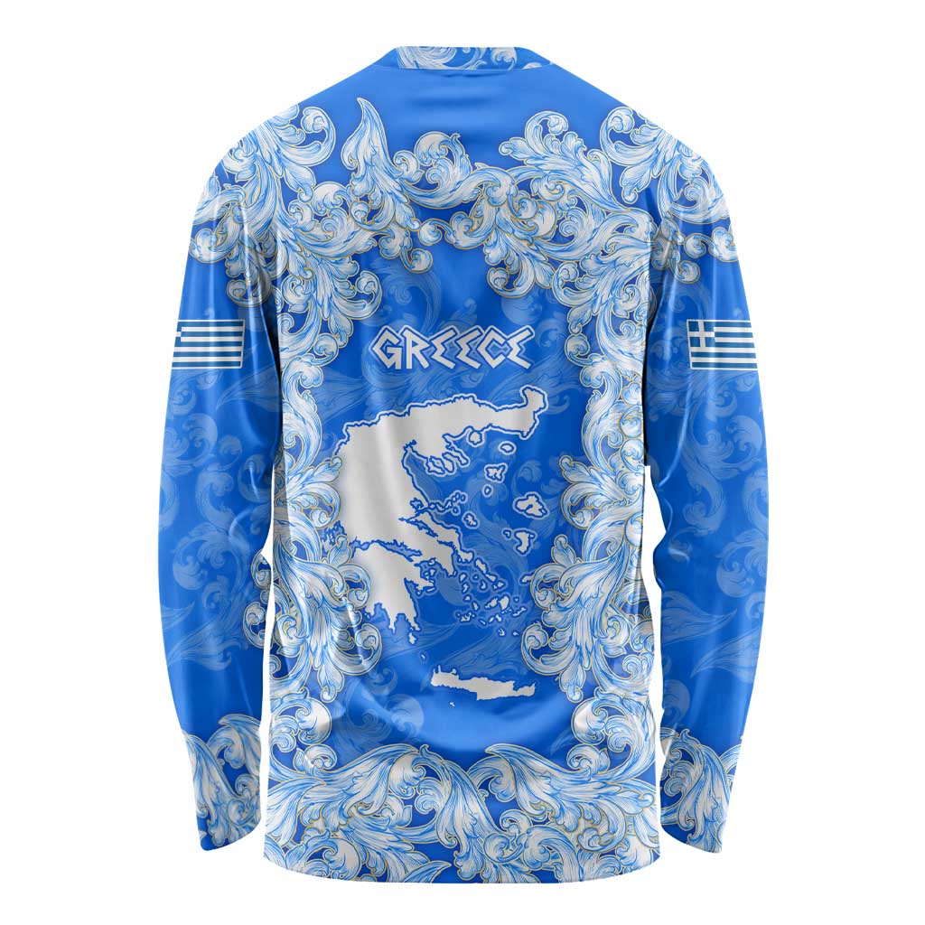 Greece Baroque Pattern Long Sleeve Shirt with Greek Flag Crest and Country Map