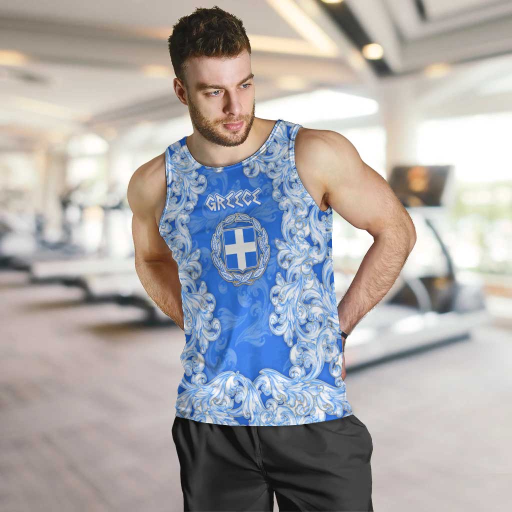 Greece Baroque Pattern Men Tank Top with Greek Flag Crest and Country Map