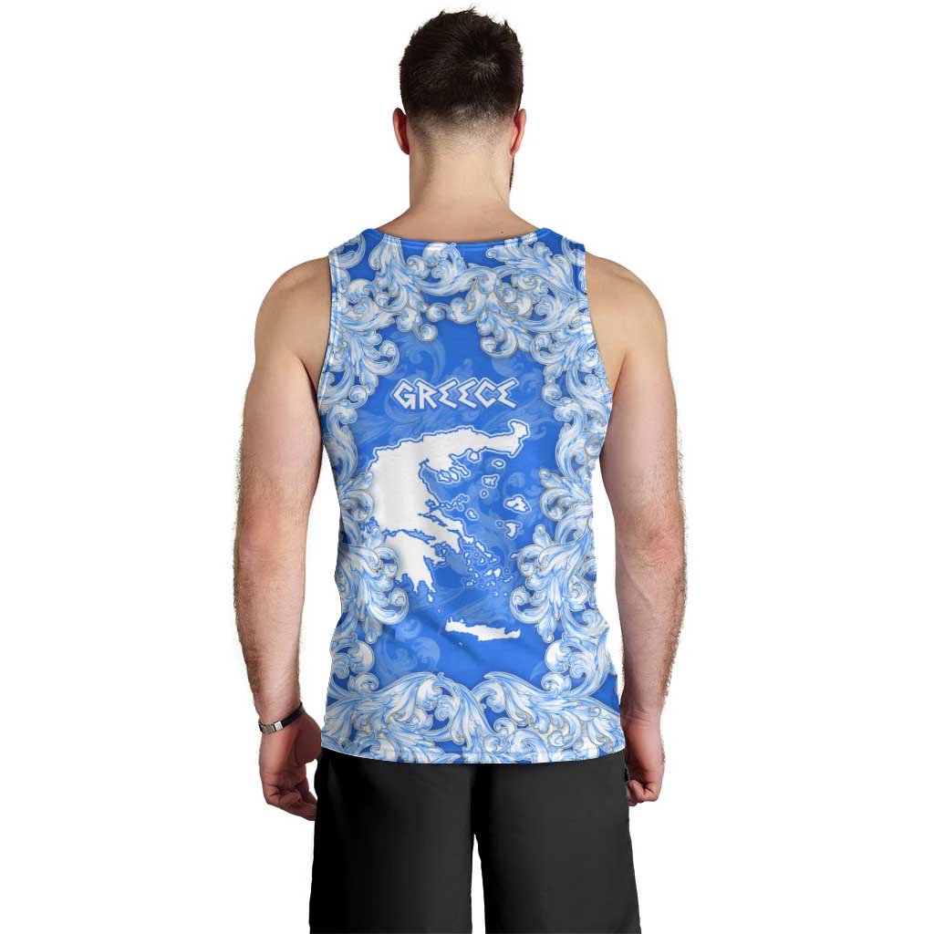 Greece Baroque Pattern Men Tank Top with Greek Flag Crest and Country Map