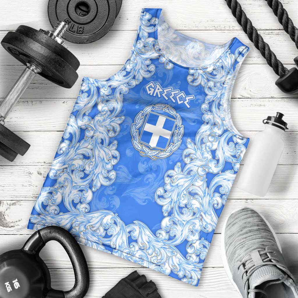 Greece Baroque Pattern Men Tank Top with Greek Flag Crest and Country Map