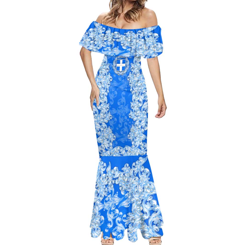 Greece Baroque Pattern Mermaid Dress with Greek Flag Crest and Country Map