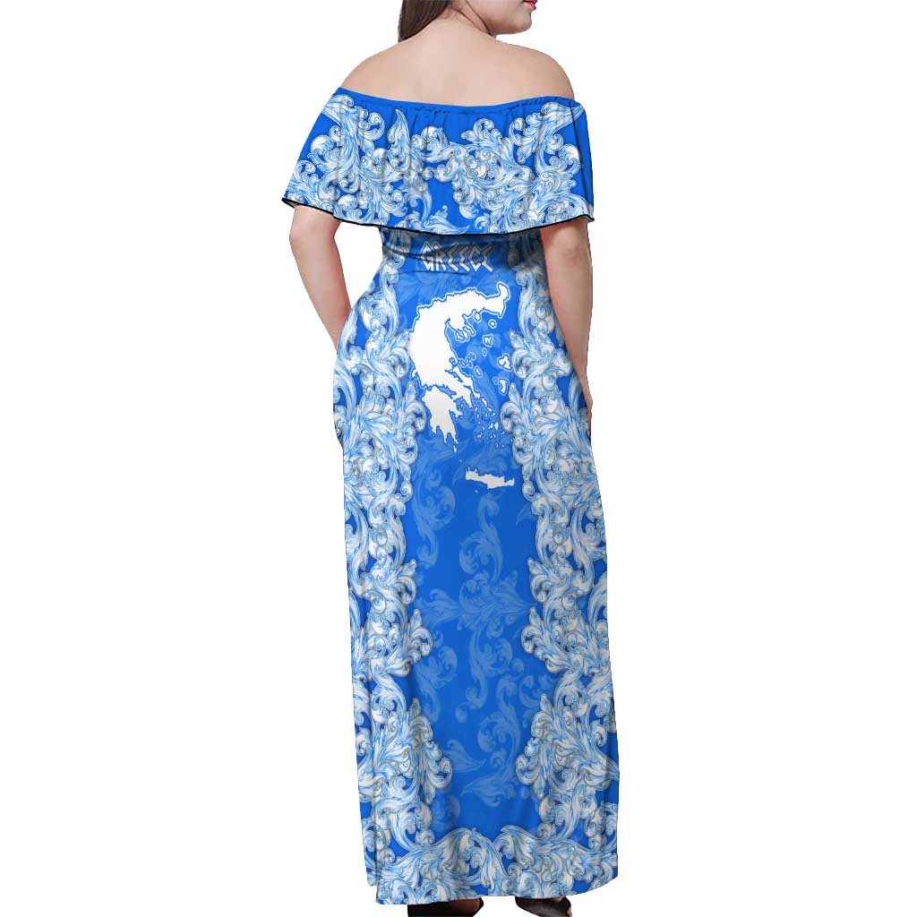 Greece Baroque Pattern Off Shoulder Maxi Dress with Greek Flag Crest and Country Map