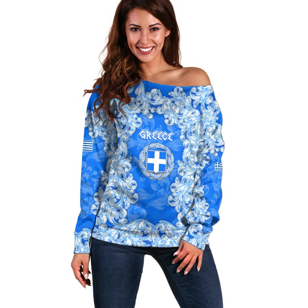Greece Baroque Pattern Off Shoulder Sweater with Greek Flag Crest and Country Map