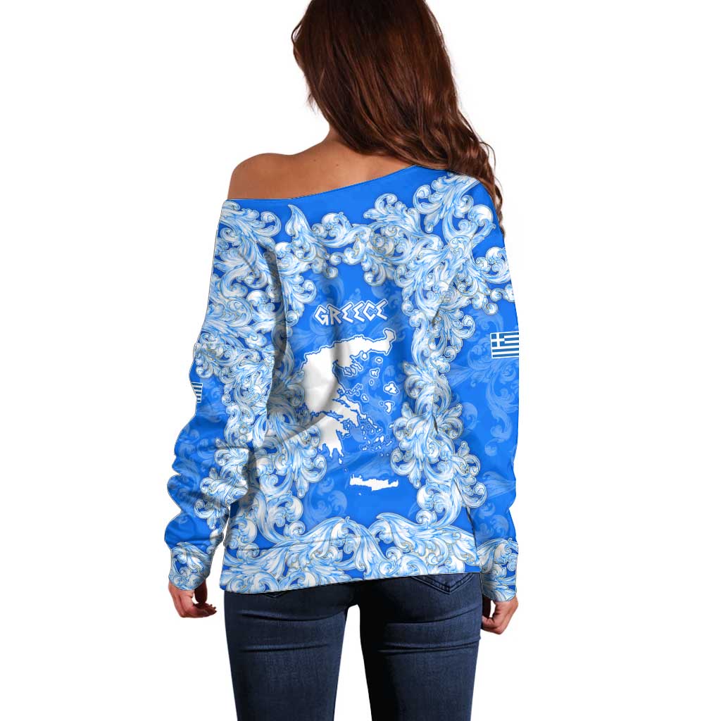 Greece Baroque Pattern Off Shoulder Sweater with Greek Flag Crest and Country Map