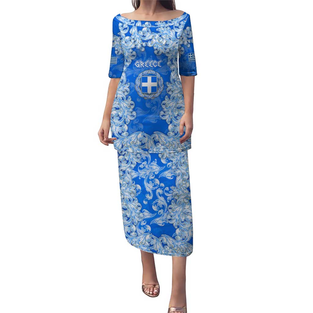 Greece Baroque Pattern Puletasi with Greek Flag Crest and Country Map