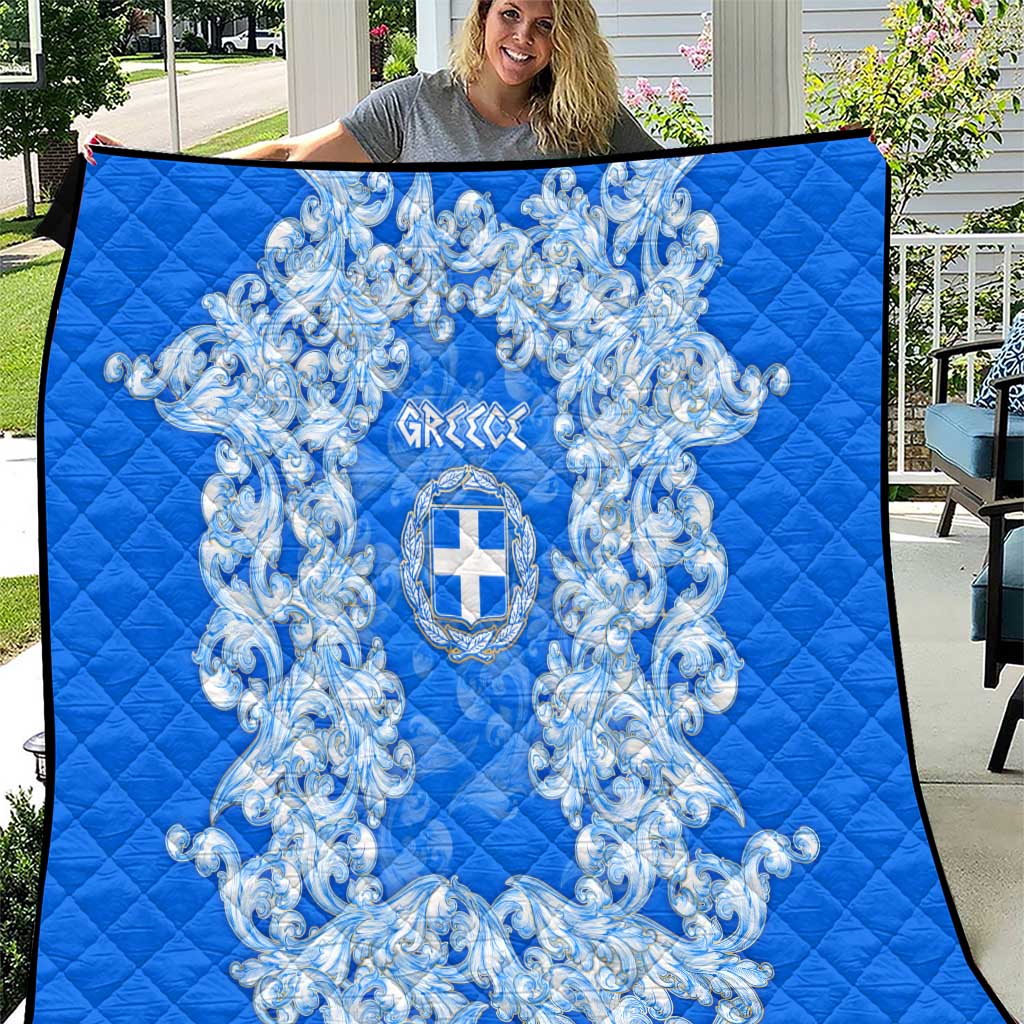 Greece Baroque Pattern Quilt with Greek Flag Crest and Country Map