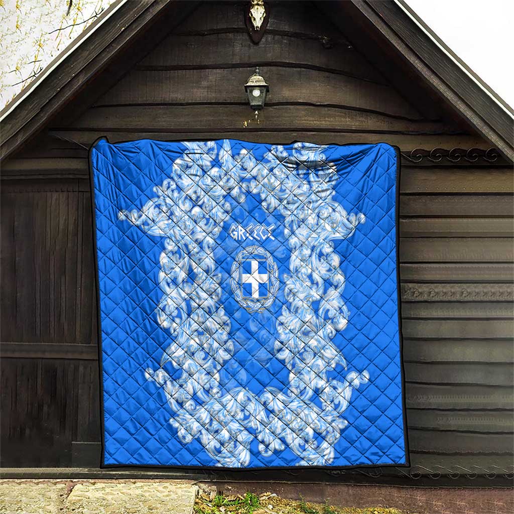 Greece Baroque Pattern Quilt with Greek Flag Crest and Country Map