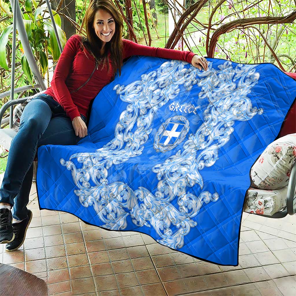 Greece Baroque Pattern Quilt with Greek Flag Crest and Country Map