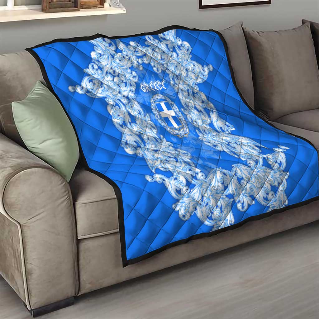 Greece Baroque Pattern Quilt with Greek Flag Crest and Country Map