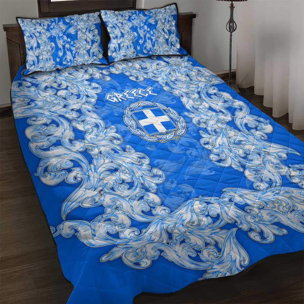 Greece Baroque Pattern Quilt Bed Set with Greek Flag Crest and Country Map