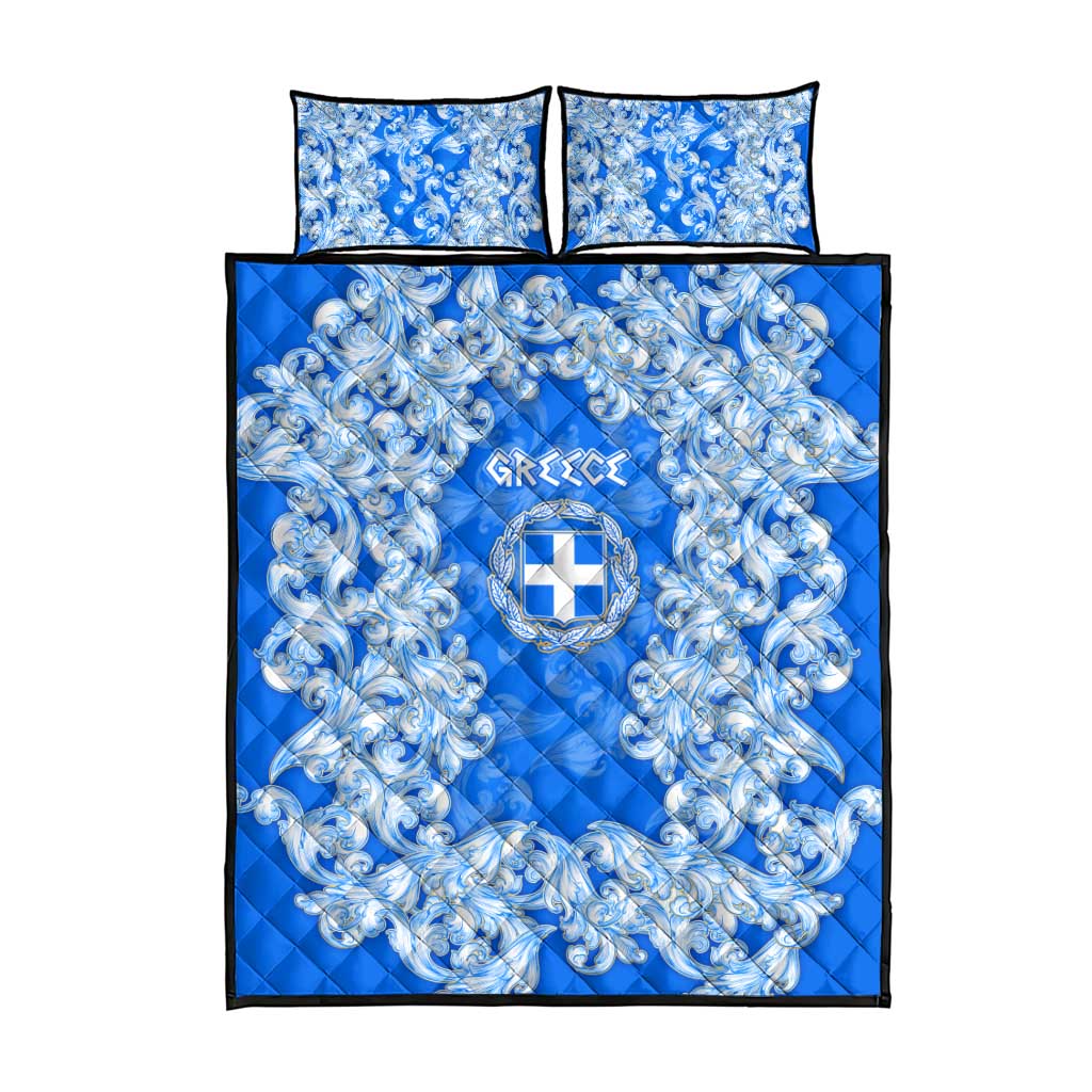 Greece Baroque Pattern Quilt Bed Set with Greek Flag Crest and Country Map