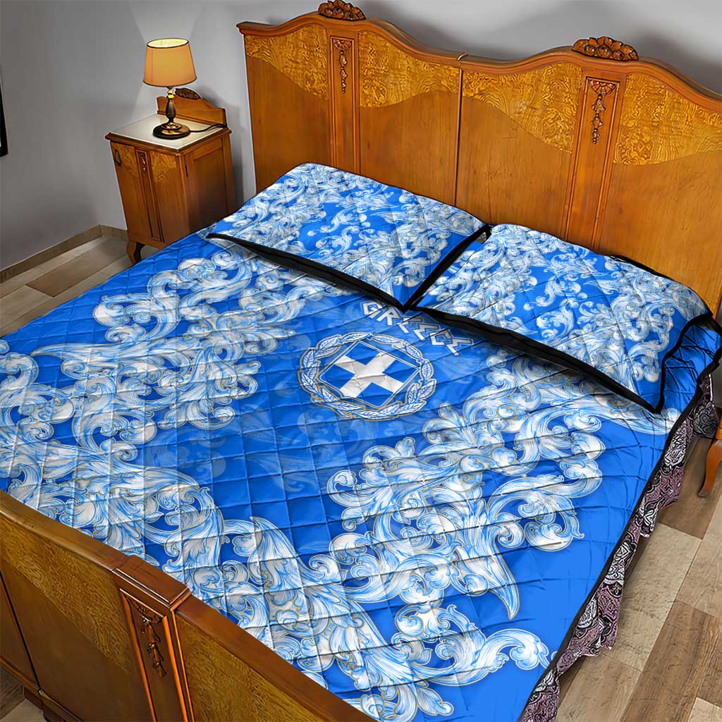 Greece Baroque Pattern Quilt Bed Set with Greek Flag Crest and Country Map