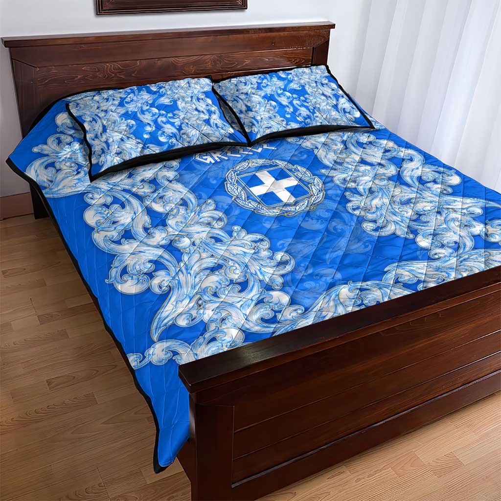 Greece Baroque Pattern Quilt Bed Set with Greek Flag Crest and Country Map
