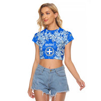 Greece Baroque Pattern Raglan Cropped T Shirt with Greek Flag Crest and Country Map