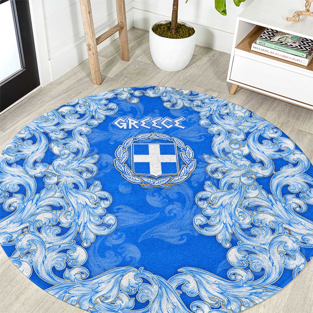 Greece Baroque Pattern Round Carpet with Greek Flag Crest and Country Map