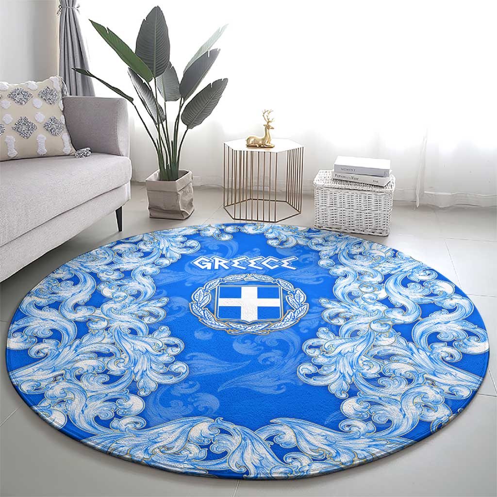 Greece Baroque Pattern Round Carpet with Greek Flag Crest and Country Map