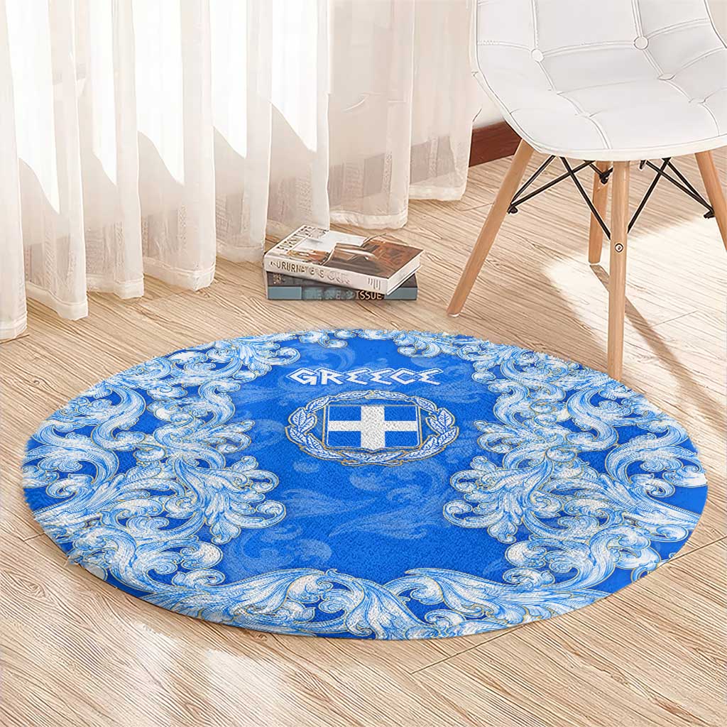 Greece Baroque Pattern Round Carpet with Greek Flag Crest and Country Map