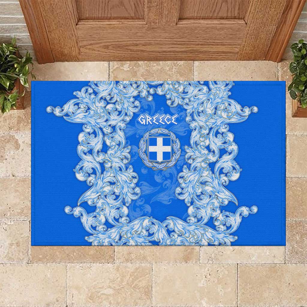 Greece Baroque Pattern Rubber Doormat with Greek Flag Crest and Country Map