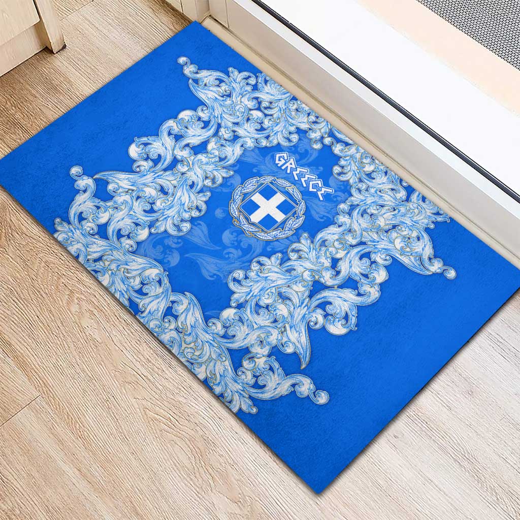 Greece Baroque Pattern Rubber Doormat with Greek Flag Crest and Country Map