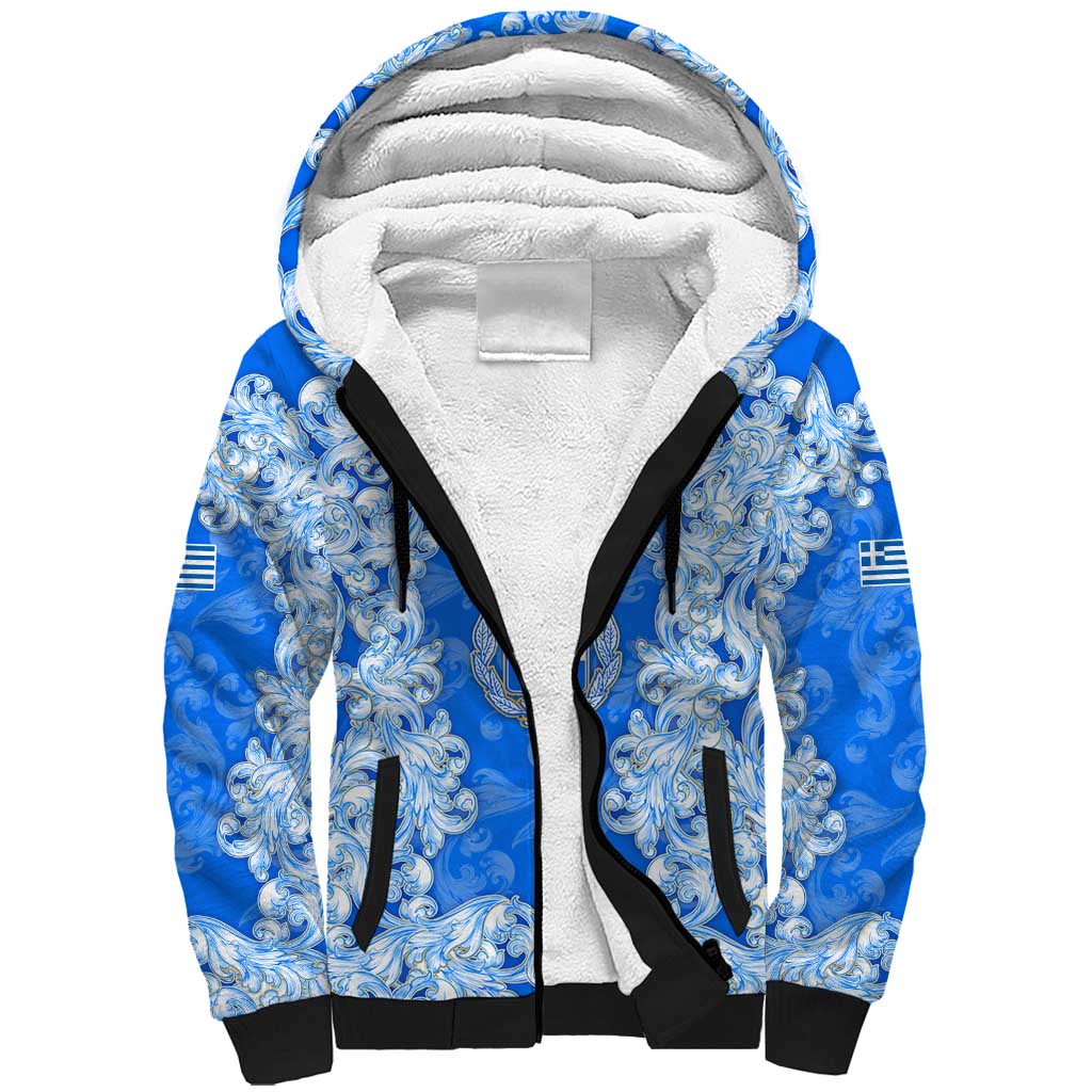 Greece Baroque Pattern Sherpa Hoodie with Greek Flag Crest and Country Map