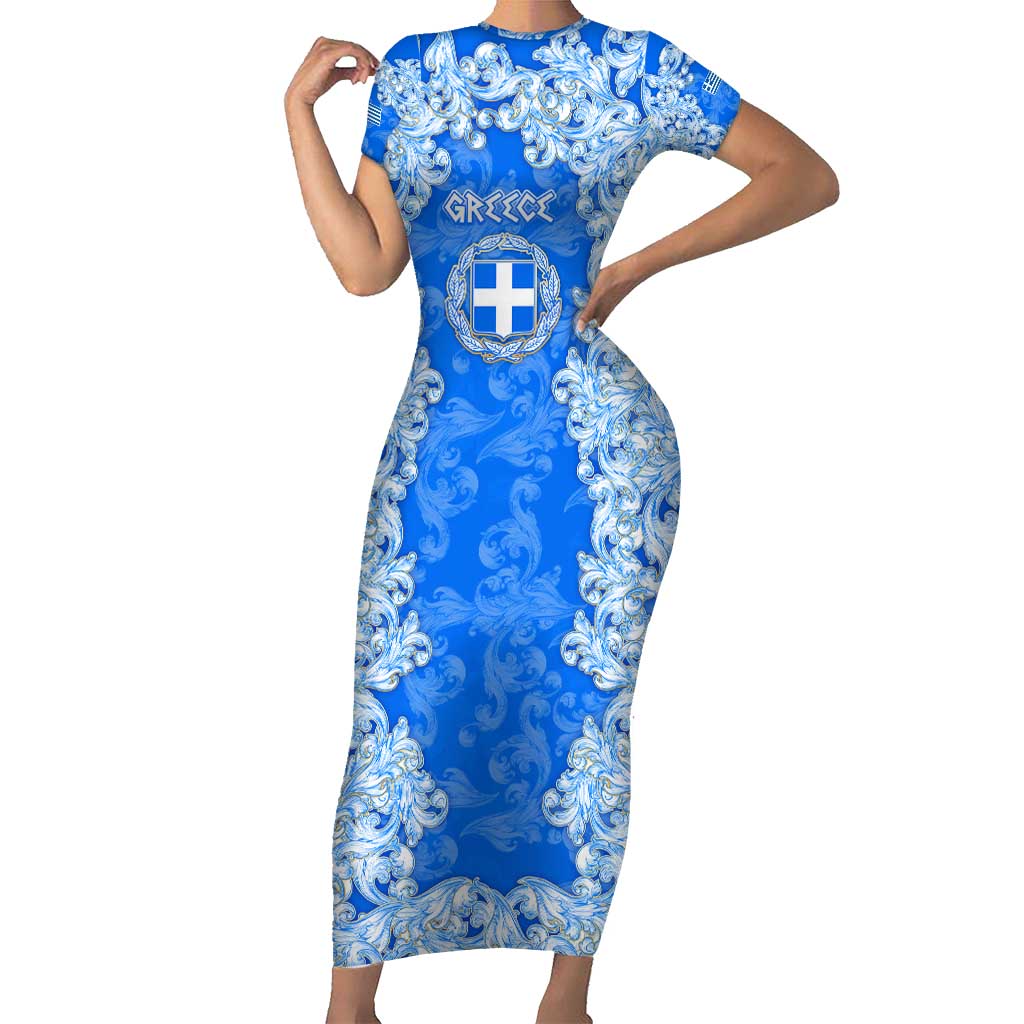 Greece Baroque Pattern Short Sleeve Bodycon Dress with Greek Flag Crest and Country Map