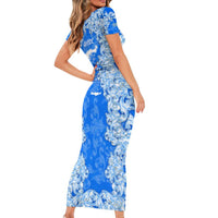 Greece Baroque Pattern Short Sleeve Bodycon Dress with Greek Flag Crest and Country Map