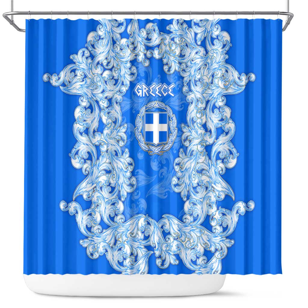 Greece Baroque Pattern Shower Curtain with Greek Flag Crest and Country Map
