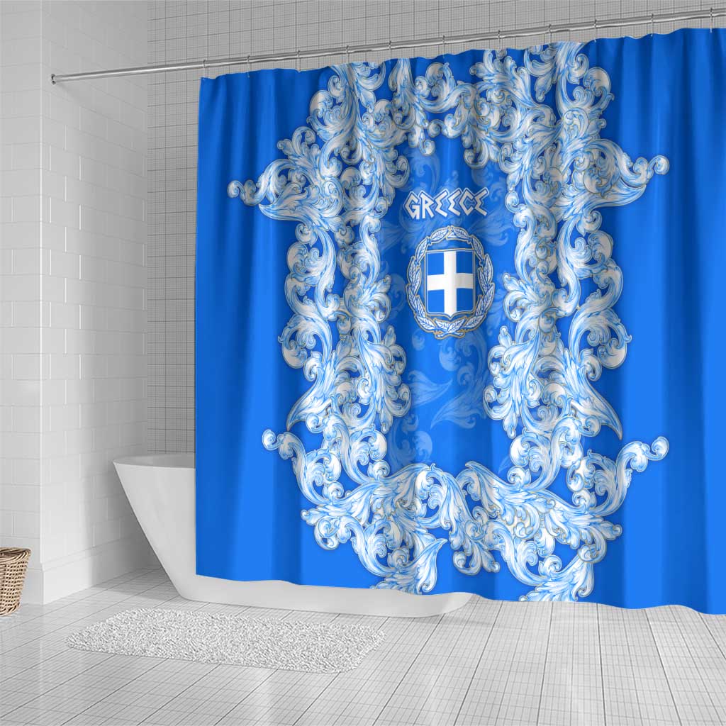 Greece Baroque Pattern Shower Curtain with Greek Flag Crest and Country Map