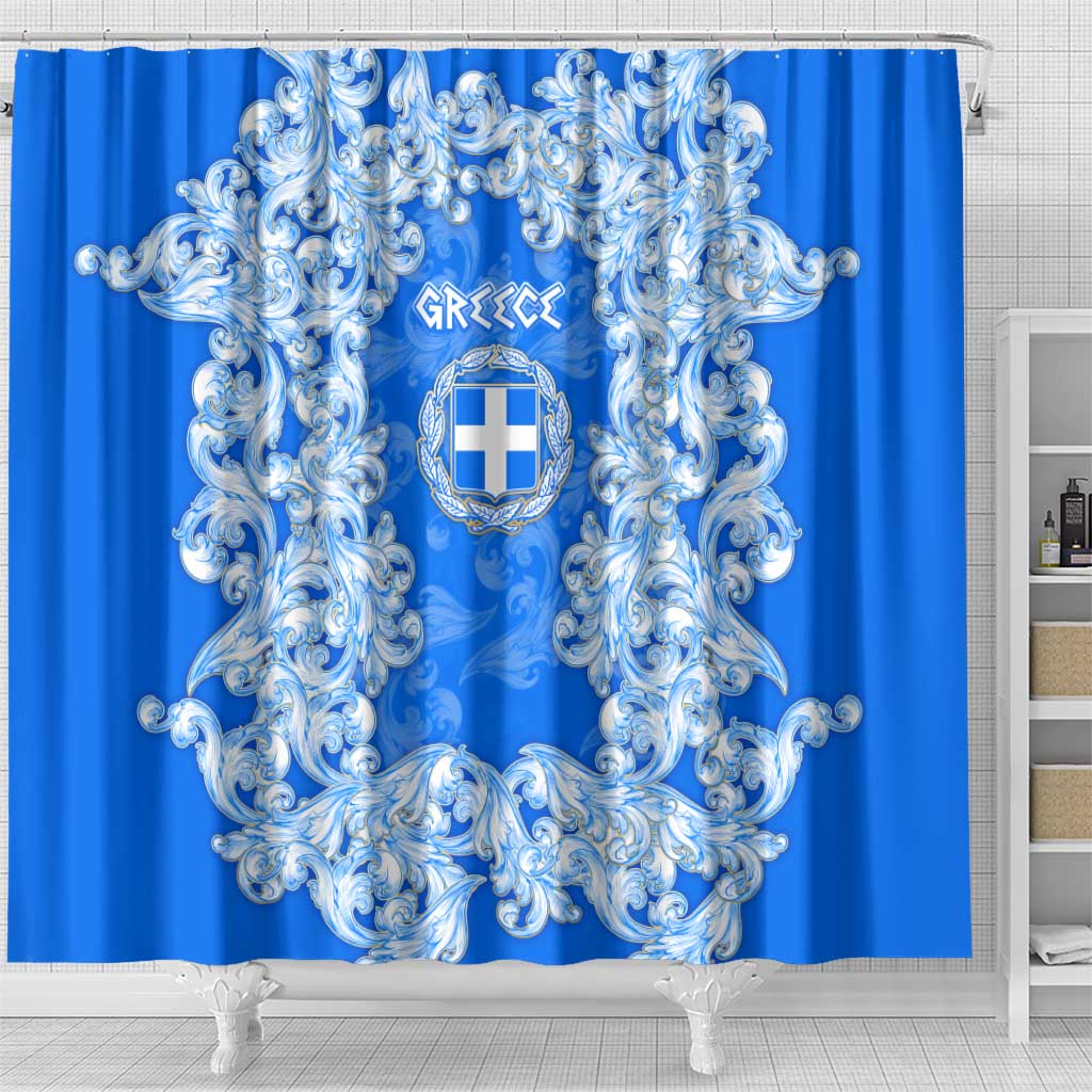 Greece Baroque Pattern Shower Curtain with Greek Flag Crest and Country Map