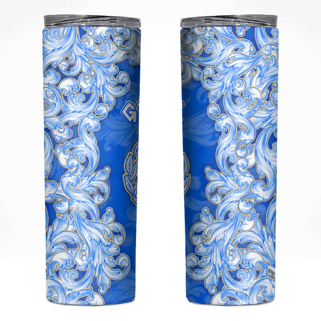 Greece Baroque Pattern Skinny Tumbler with Greek Flag Crest and Country Map