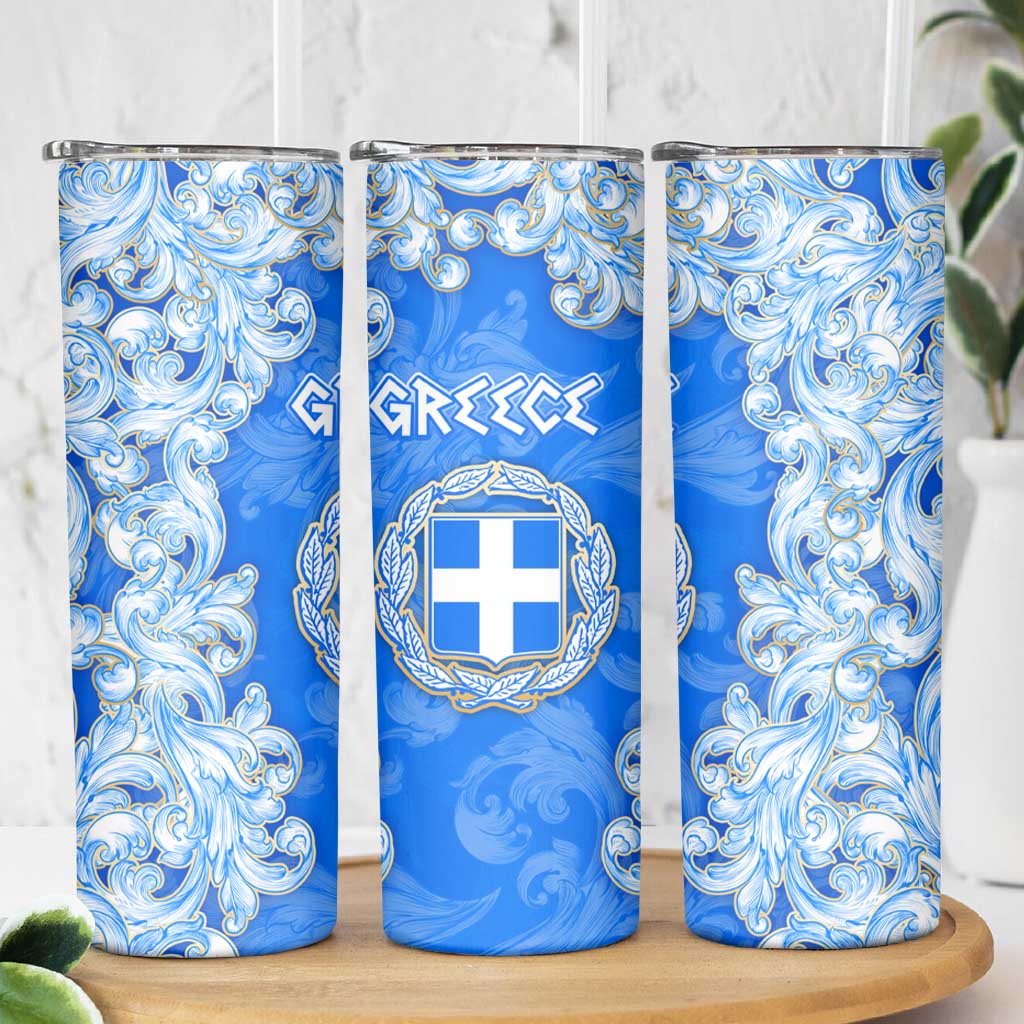 Greece Baroque Pattern Skinny Tumbler with Greek Flag Crest and Country Map