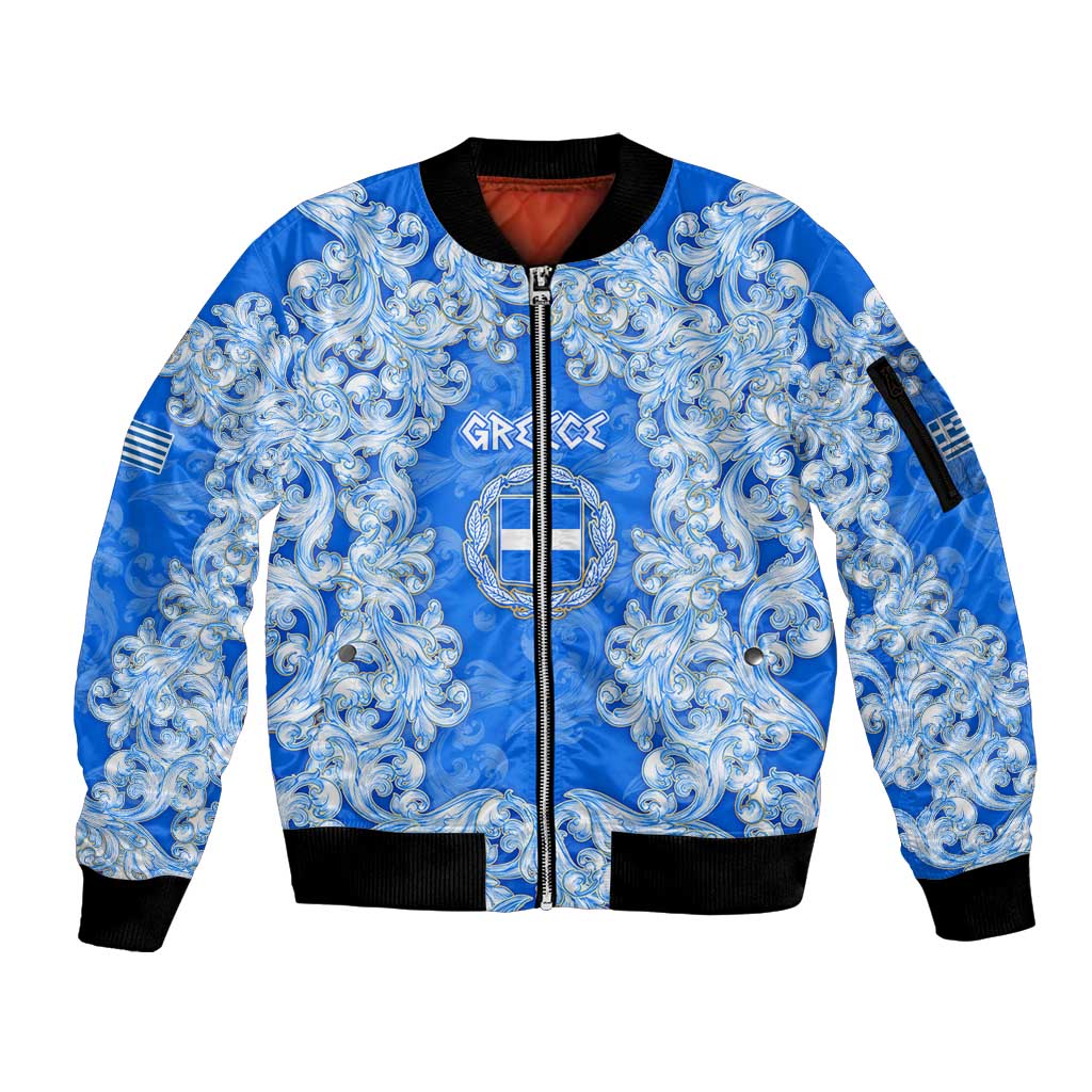 Greece Baroque Pattern Sleeve Zip Bomber Jacket with Greek Flag Crest and Country Map