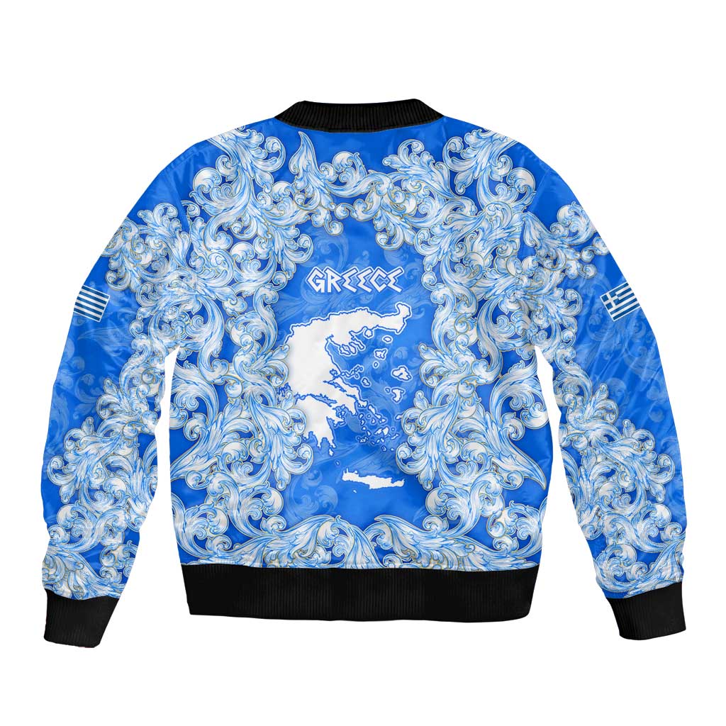 Greece Baroque Pattern Sleeve Zip Bomber Jacket with Greek Flag Crest and Country Map