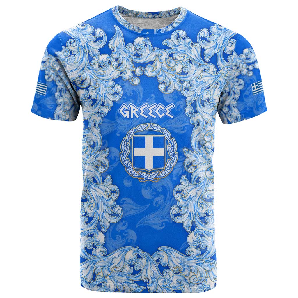 Greece Baroque Pattern T Shirt with Greek Flag Crest and Country Map