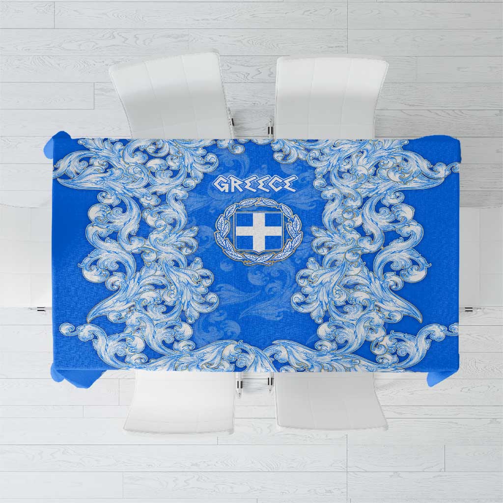 Greece Baroque Pattern Tablecloth with Greek Flag Crest and Country Map
