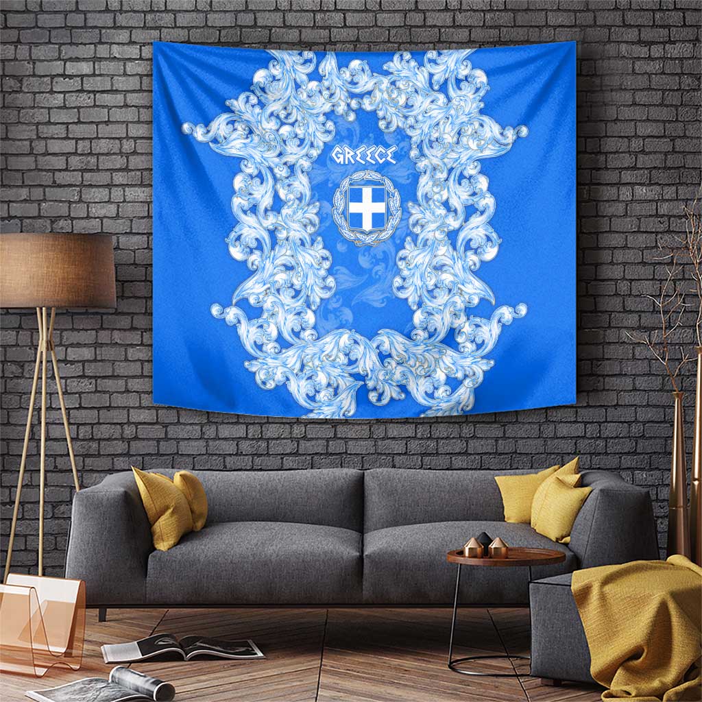 Greece Baroque Pattern Tapestry with Greek Flag Crest and Country Map
