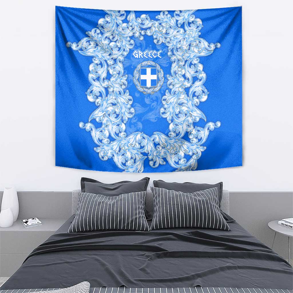 Greece Baroque Pattern Tapestry with Greek Flag Crest and Country Map