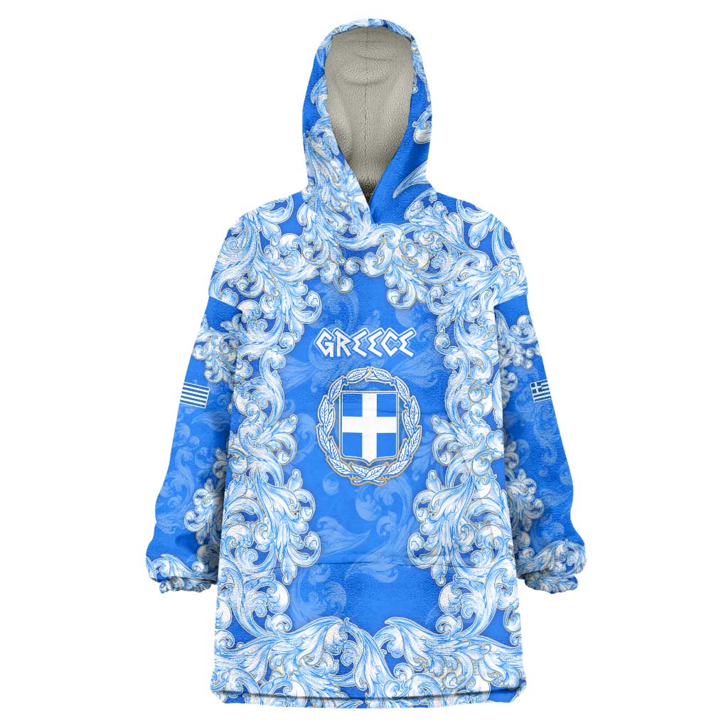 Greece Baroque Pattern Wearable Blanket Hoodie with Greek Flag Crest and Country Map
