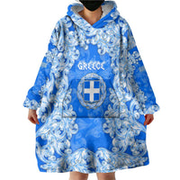 Greece Baroque Pattern Wearable Blanket Hoodie with Greek Flag Crest and Country Map