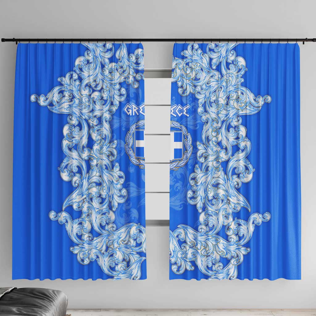 Greece Baroque Pattern Window Curtain with Greek Flag Crest and Country Map