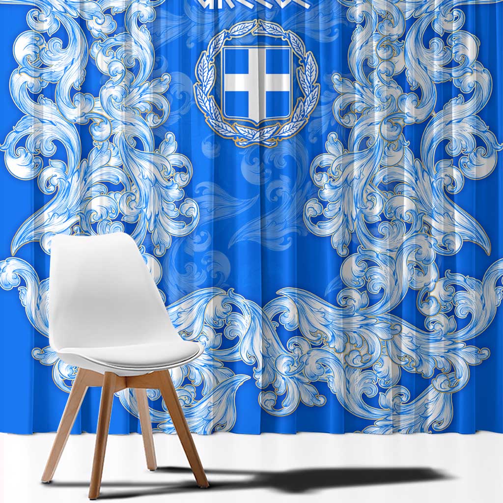 Greece Baroque Pattern Window Curtain with Greek Flag Crest and Country Map